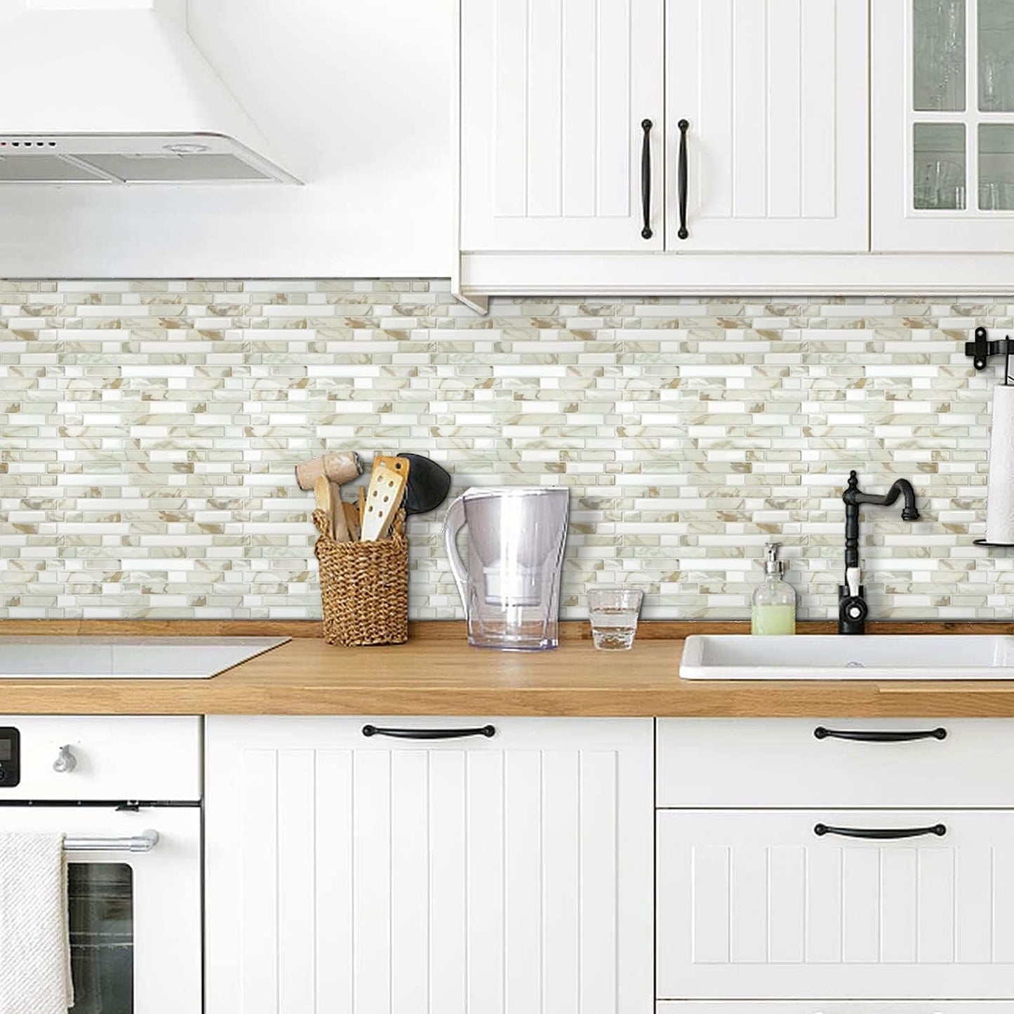 STICKGOO Thicker Design Peel and Stick, Self Adhesive Stick On Tile Backsplash for Kitchen and Bathroom, Beige & White, 12”×12”, 10 Sheets