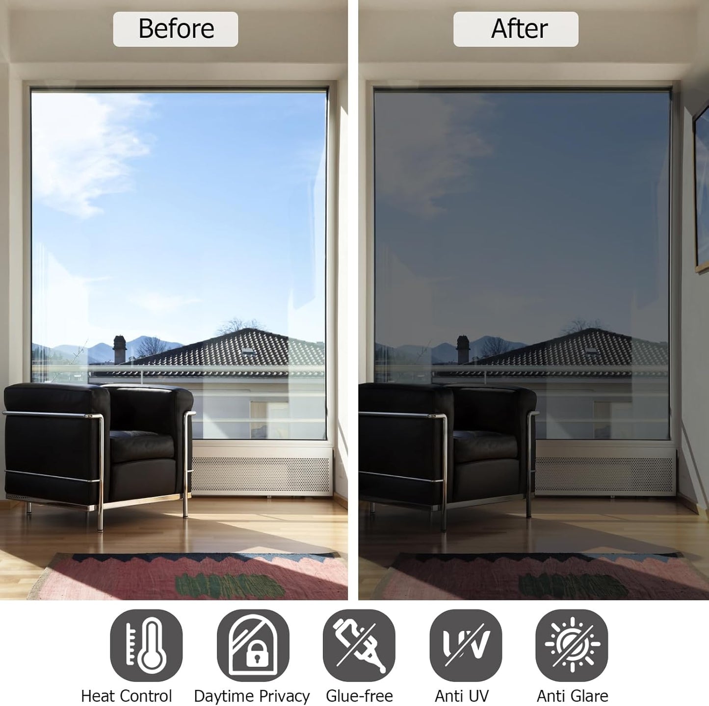 HIDBEA Frosted Window Privacy Film - Non Adhesive Static Cling Glass Stickers Sun UV Blocking Heat Control Door Covering Decals for Home Office, 23.6 x 78.7 Inch