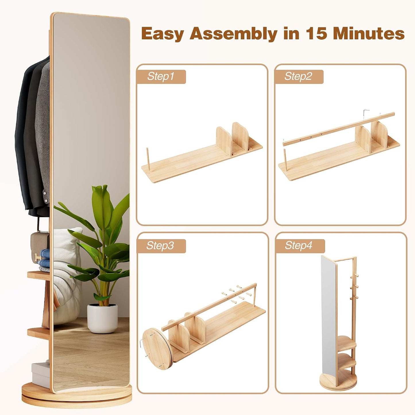 Full Length Mirror with Coat Rack & Storage, 360° Rotating Solid Wood Standing Floor Mirror with Shelves for Bedroom, Entryway, Dressing Room (Natural Wood, 66" x 18")
