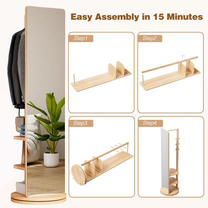 Full Length Mirror with Coat Rack & Storage, 360° Rotating Solid Wood Standing Floor Mirror with Shelves for Bedroom, Entryway, Dressing Room (Natural Wood, 66" x 18")