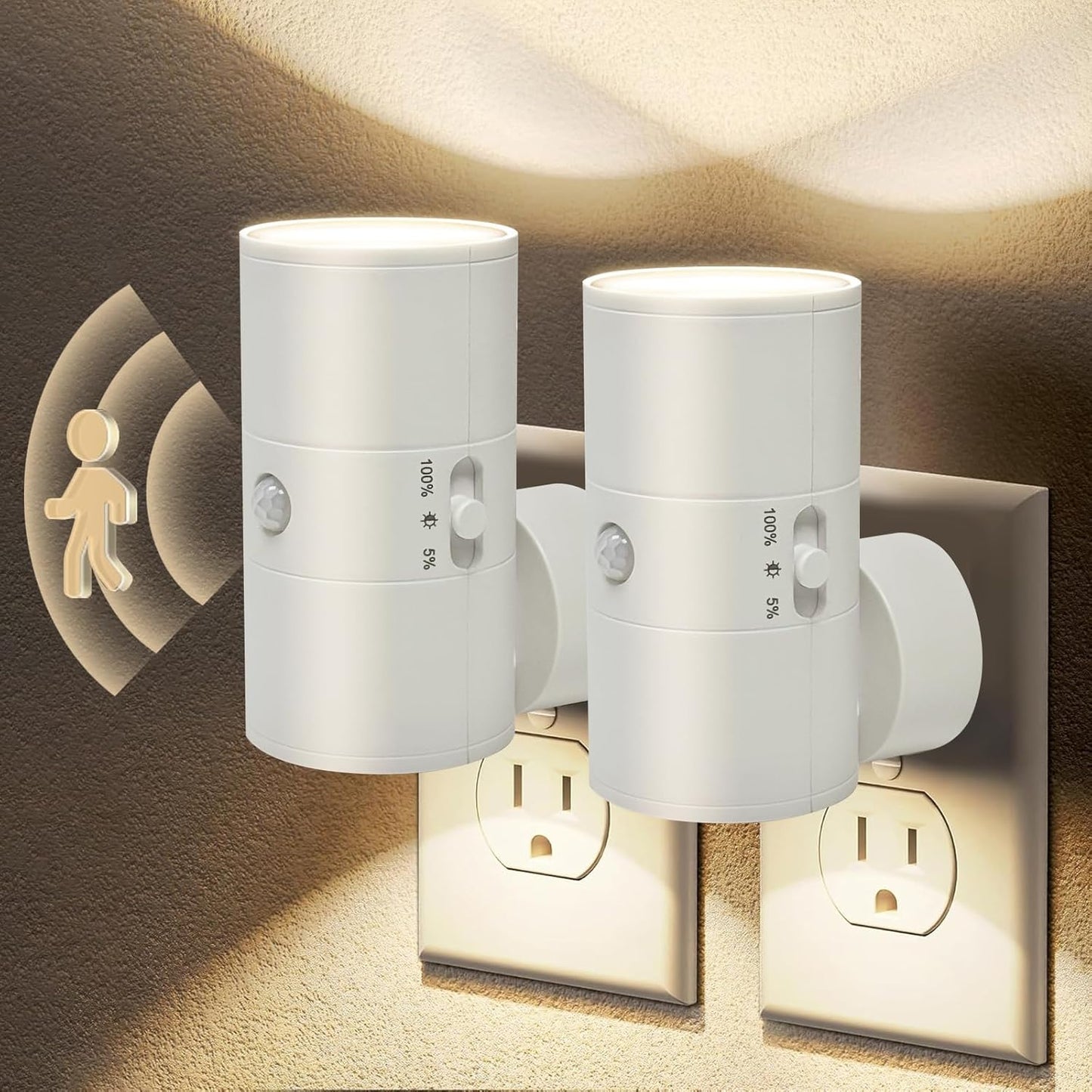 Night Light with Motion Sensor & Dusk to Dawn Sensor, Plug into Wall Night Light with 30-100lm Adjustable Brightness, Motion Activated Night Light, 3000K Warm White for Bedroom Hallway Bathroom Stairs