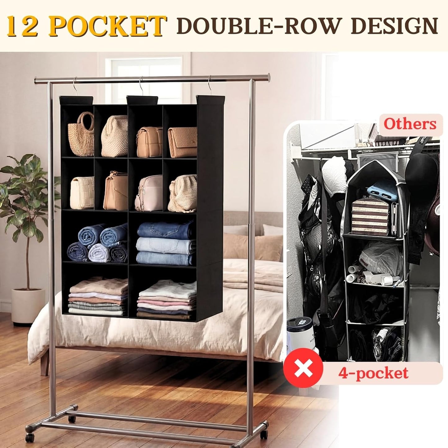 Ofiray-home 6 Tier Hanging Closet Organizer, 16 Compartments Sweater Organizer for Closet with 3 Sturdy Hooks, Closet Organizers and Storage, Wardrobe, Rv, Garment Rack, Grey