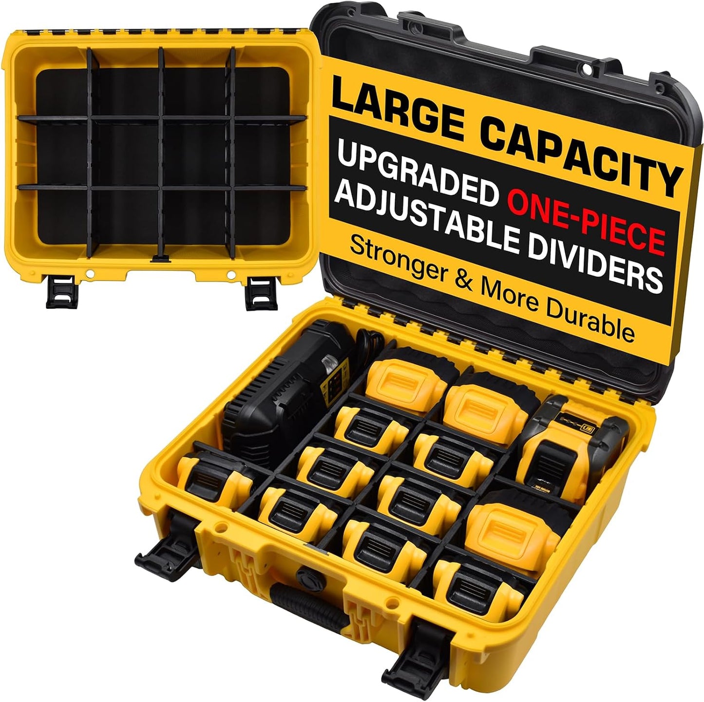 Case for Dewalt Battery – Waterproof Extra Large Hard Storage Box with 8 Adjustable One-Piece Molded Dividers, Heavy Duty Protective Organizer for Dewalt Battery and Charger