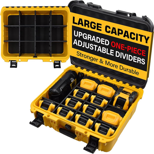 Case for Dewalt Battery – Waterproof Extra Large Hard Storage Box with 8 Adjustable One-Piece Molded Dividers, Heavy Duty Protective Organizer for Dewalt Battery and Charger