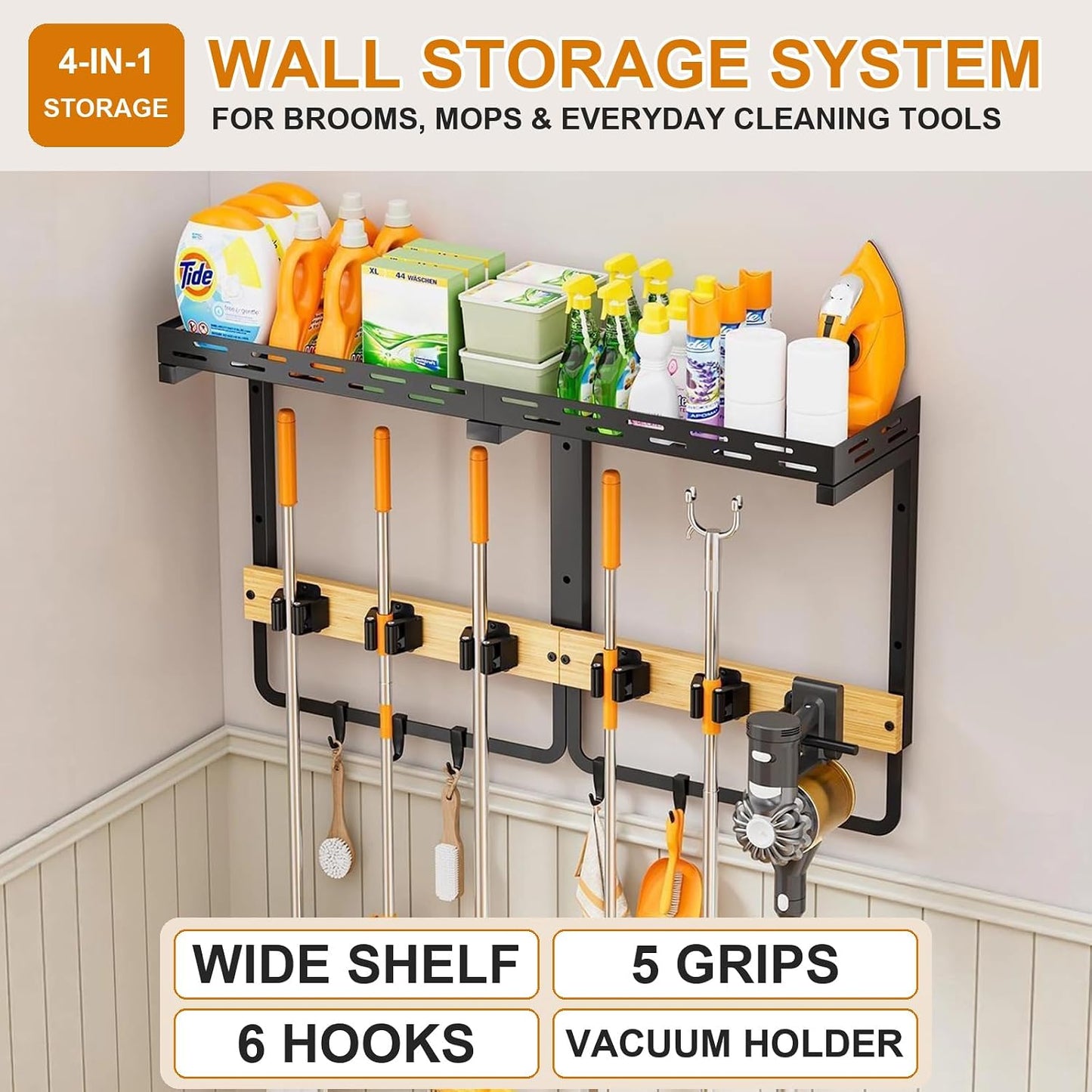 Large Broom Holder Wall Mount with Shelf, Mop Tool Organizer | 5 grippers, 6 hooks, vacuum slot, bamboo board, spray bottle tray, garage utility use