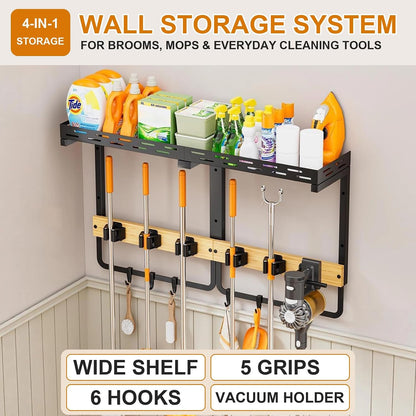 Large Broom Holder Wall Mount with Shelf, Mop Tool Organizer | 5 grippers, 6 hooks, vacuum slot, bamboo board, spray bottle tray, garage utility use
