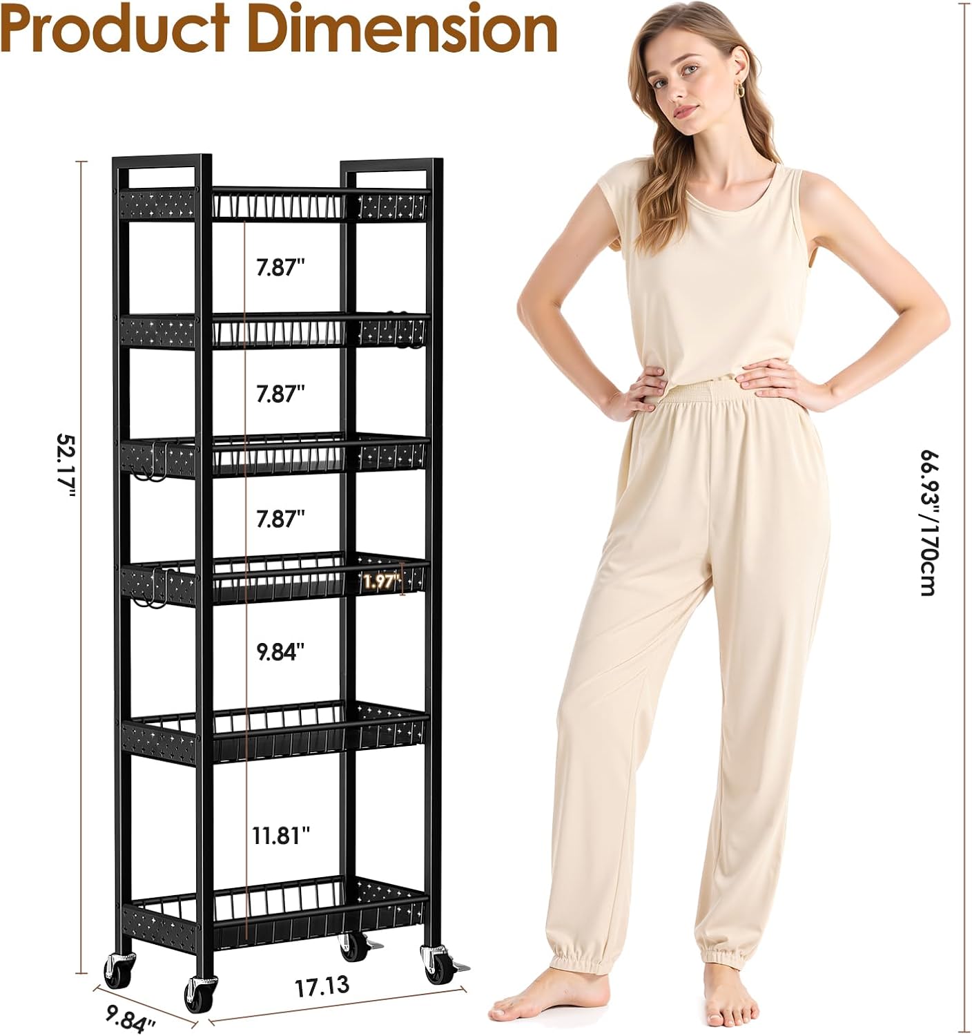 Slim Storage Rolling Cart, 4 Tier Narrow Cart with Wheels, Metal Kitchen Rolling Cart for Small Spaces, Slide Out Storage Shelves for Kitchen, Laundry Room, Bathroom, Living Room, 7.1in(W)