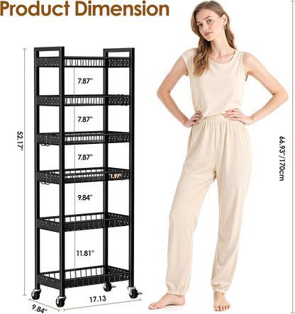 Slim Storage Rolling Cart, 4 Tier Narrow Cart with Wheels, Metal Kitchen Rolling Cart for Small Spaces, Slide Out Storage Shelves for Kitchen, Laundry Room, Bathroom, Living Room, 7.1in(W)