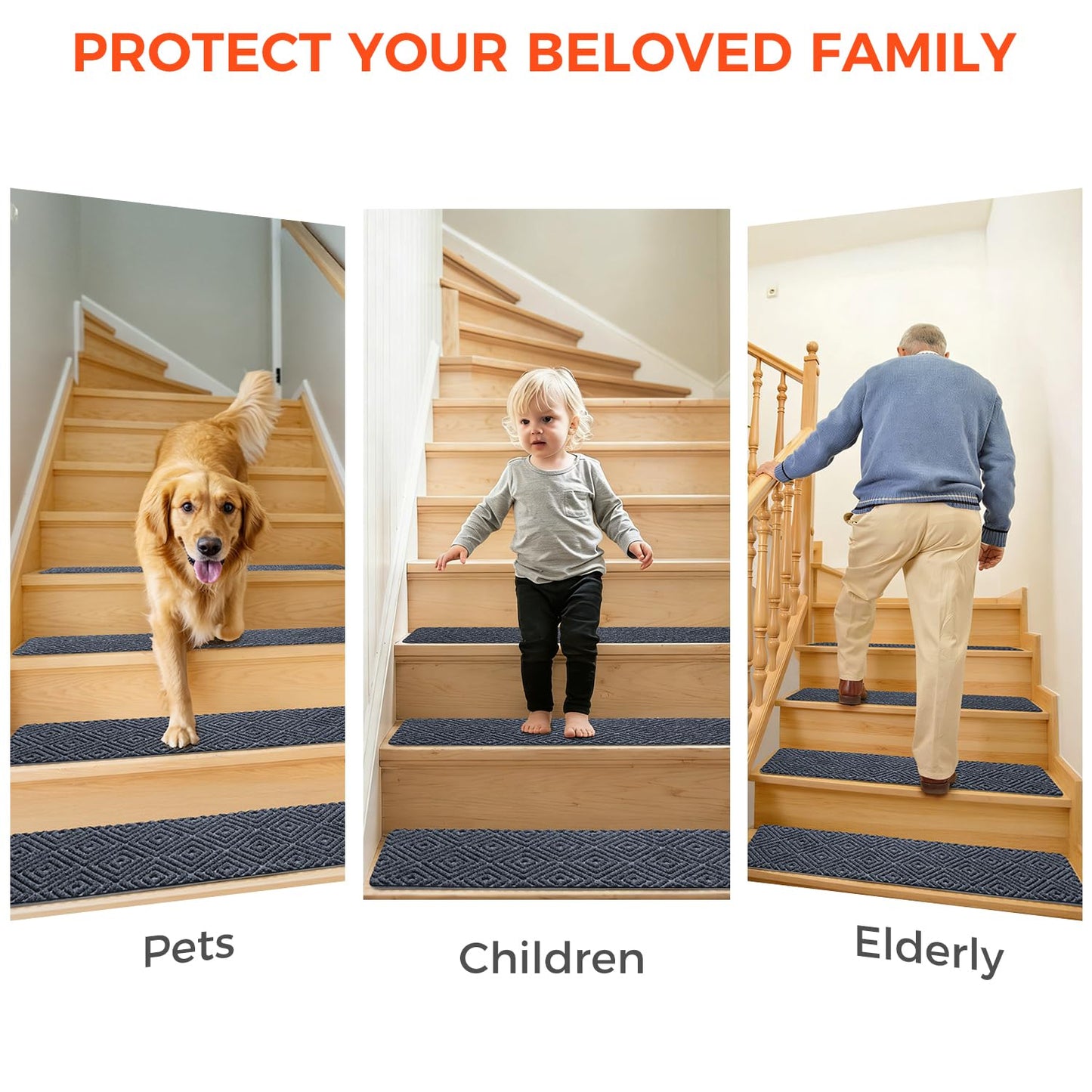 BAGAIL 15 Pack Non-Slip Stair Treads for Wooden Steps, 8"x30" Peel and Stick Carpet Stair Runners, Machine Washable Indoor Step Covers with No-Residue Adhesive for Dogs, Kids & Elderly - Bluish Grey