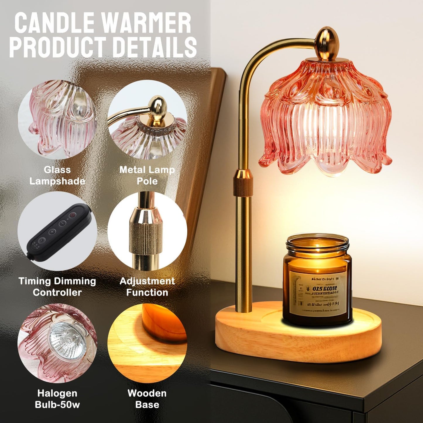 Fragrance Candle Warmer Lamp with 2 Bulbs Electric Candle Warmer with Timer & Dimmer for Home Decor