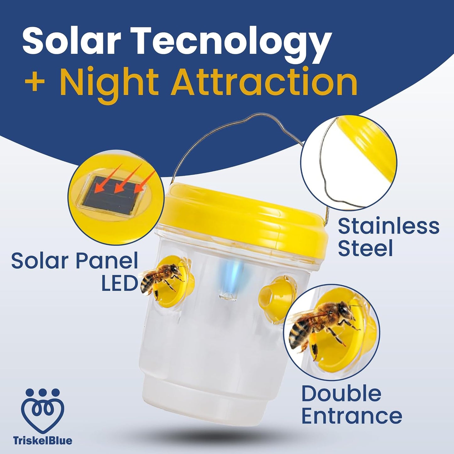 Solar Wasp Traps Outdoor Hanging 3 Pack Reusable Catcher with LED Light for Yellow Jackets Hornets Bees Flies Patio Porch Garden Backyard