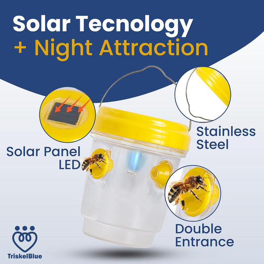 Solar Wasp Traps Outdoor Hanging 3 Pack Reusable Catcher with LED Light for Yellow Jackets Hornets Bees Flies Patio Porch Garden Backyard