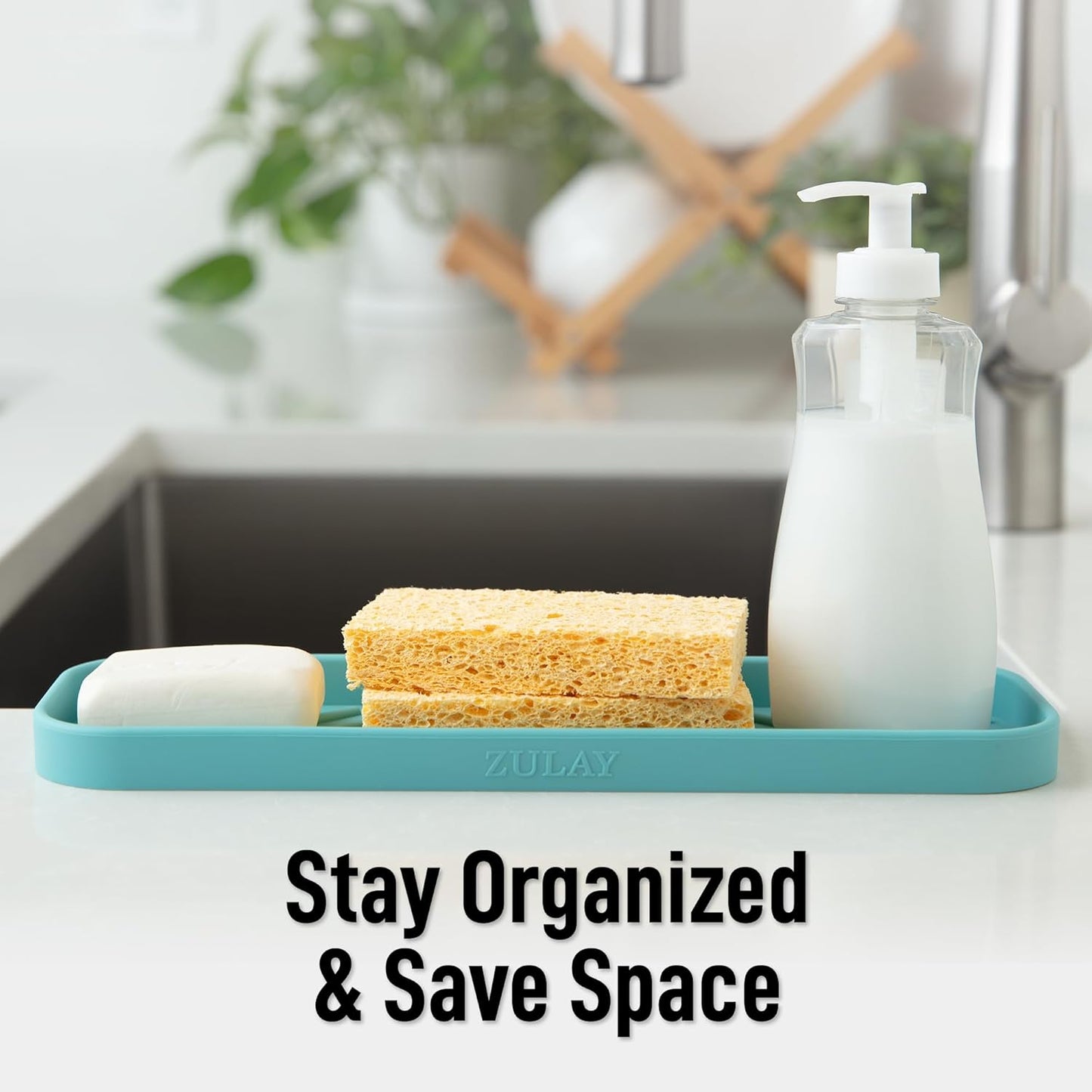 Zulay Kitchen (9x3.5in) Sponge Holder for Kitchen Sink - Flexible Heavy-Duty Multipurpose Sink Caddy - Counter Organizer for Kitchen, Bathroom, Makeup, Trinkets & More! (Grey)