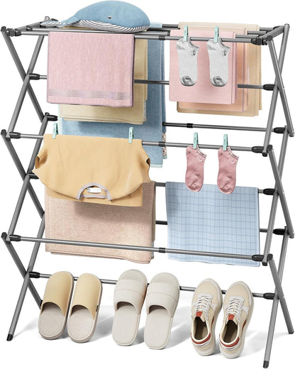 KINGBOARD Clothes Drying Rack, Collapsible Drying Rack Clothing with 11 Poles, 3-Tier Laundry Drying Rack, Small Clothes Drying Rack Foldable for Baby Clothes Sock Towel, 25lb Capacity, White