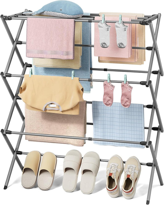 KINGBOARD Clothes Drying Rack, Collapsible Drying Rack Clothing with 11 Poles, 3-Tier Laundry Drying Rack, Small Clothes Drying Rack Foldable for Baby Clothes Sock Towel, 25lb Capacity, White