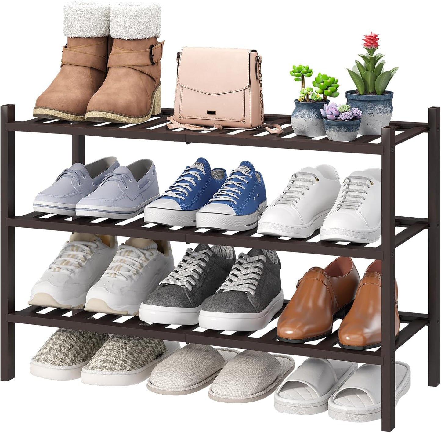 viewcare 3-Tier Black Bamboo Shoe Rack for Entryway, Stackable | Foldable | Natural, Shoe Shelf Storage Organizer for Hallway Closet, Free Standing Shoe Racks for Indoor Outdoor