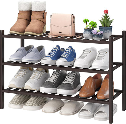 viewcare 3-Tier Black Bamboo Shoe Rack for Entryway, Stackable | Foldable | Natural, Shoe Shelf Storage Organizer for Hallway Closet, Free Standing Shoe Racks for Indoor Outdoor