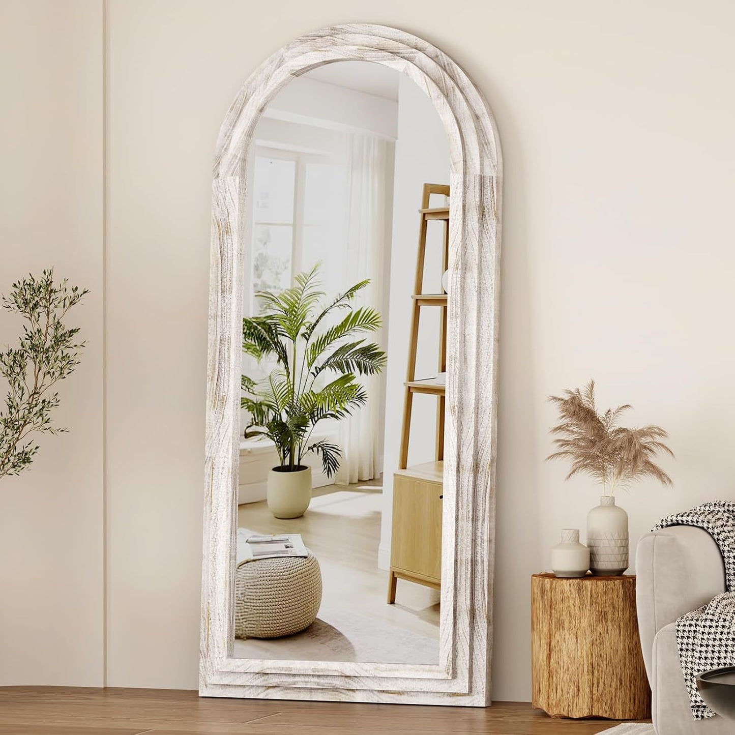 ZHUNFA Arched Full Length Mirror with Solid Wood Frame | 65x22 Farmhouse Wall Mirror Full Length with Stand, Vertical Hanging, Leaning Standing for Bedroom,Living Room, Rustic White