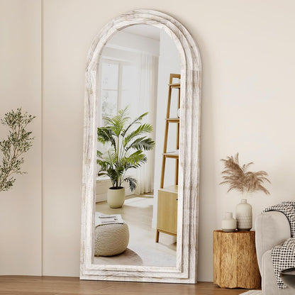 ZHUNFA Arched Full Length Mirror with Solid Wood Frame | 65x22 Farmhouse Wall Mirror Full Length with Stand, Vertical Hanging, Leaning Standing for Bedroom,Living Room, Rustic White