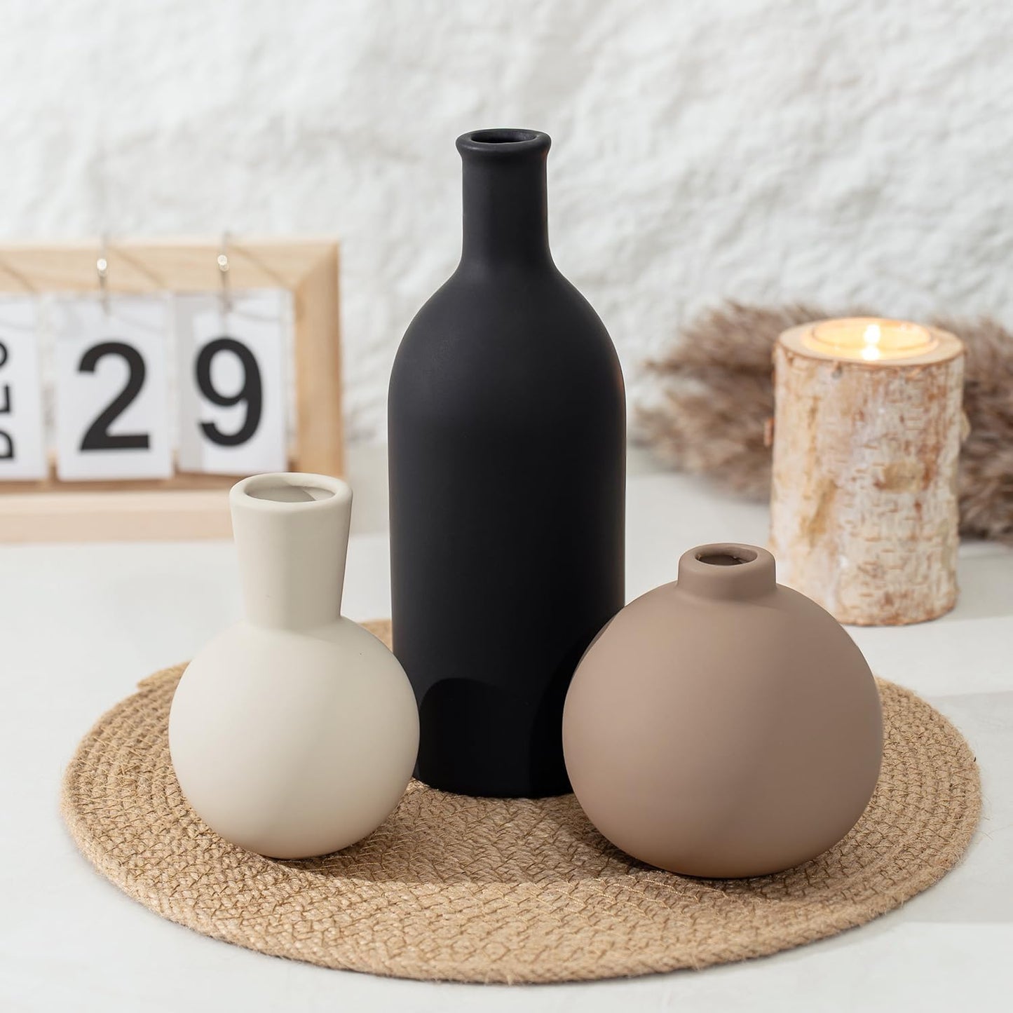 Ceramic Vase Set of 3, Modern Minimalist Neutral Home Decor, Boho Rustic Farmhouse Decorative Vases for Pampas Grass Dried Flowers | Table Centerpiece Entryway Mantel Bookshelf(Black Mix Set - Gray#1)