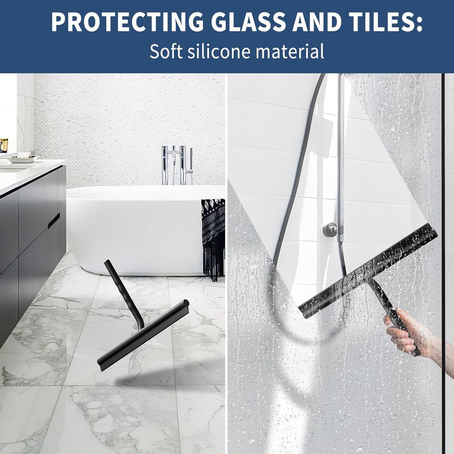 ecooe Silicone Shower Squeegee with Hanger, 13″/33cm Shower Glass Cleaner Wiper, Black Window Squeegee Scraper with Stainless Steel Core for Home Bathroom Kitchen Car Glass Doors