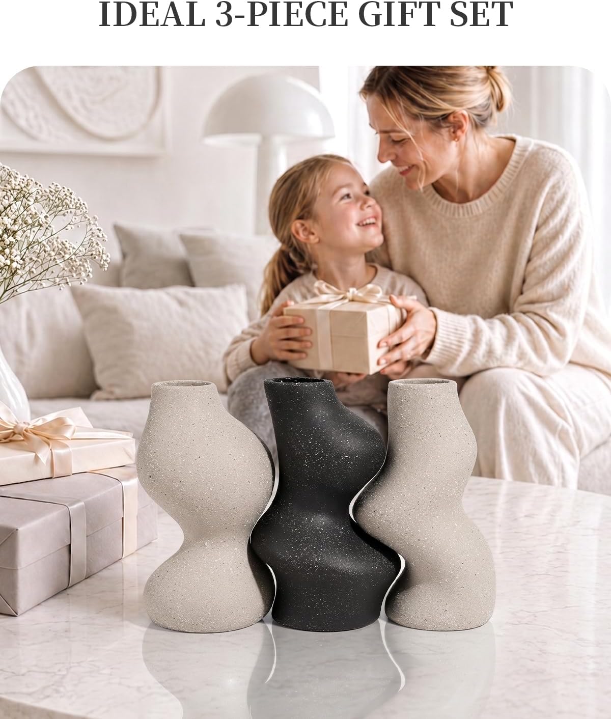 BosilunLife Decorative Vase Set of 3, Nested Curved Recycled Ceramic, Speckled Wabi-Sabi Home Decor, Modern Boho Centerpiece for Living Room Mantel & Office (Black & Grey)
