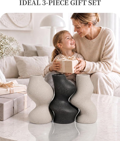 BosilunLife Decorative Vase Set of 3, Nested Curved Recycled Ceramic, Speckled Wabi-Sabi Home Decor, Modern Boho Centerpiece for Living Room Mantel & Office (Black & Grey)