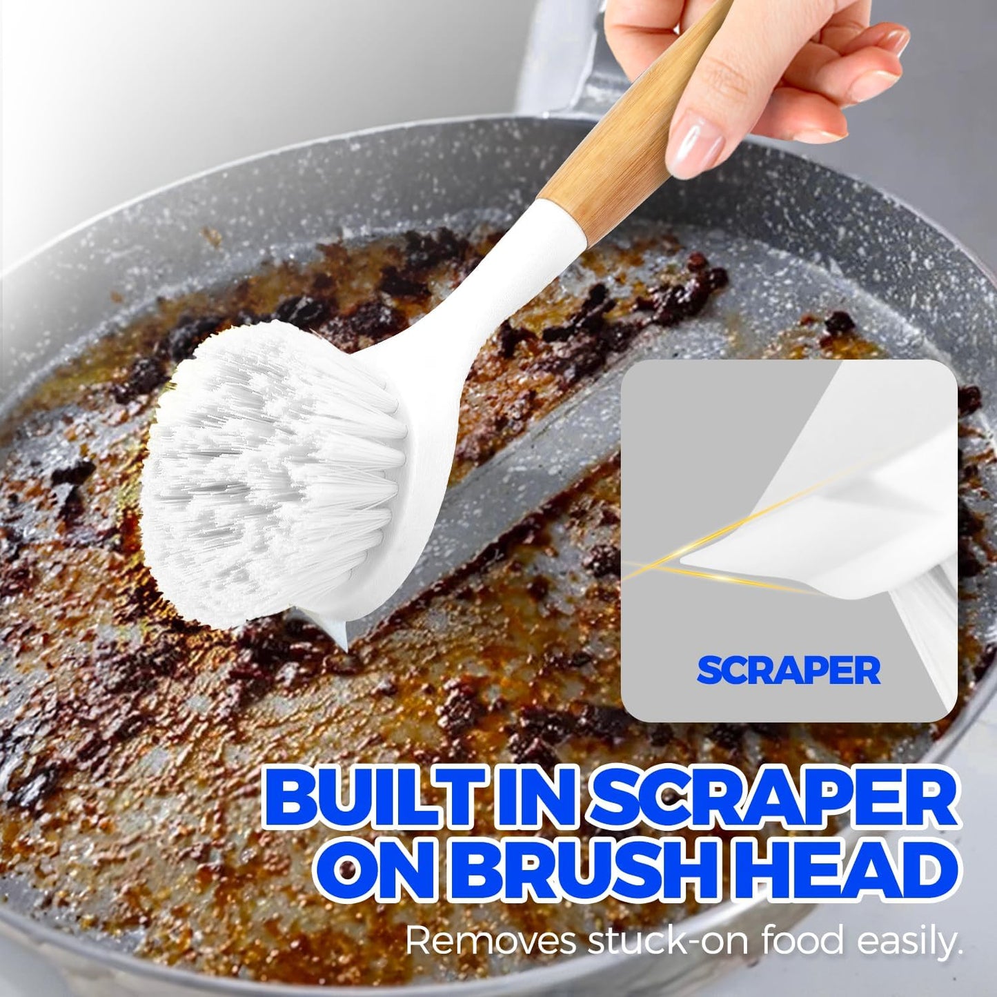Holikme 3 Pack Dish Brush Set with Bamboo Handle, Kitchen Brushes for Cleaning Pot, Sink and Stove, Skillet Scrubber with Tough Bristles for Cast Iron Grill Pan, White Yellow Black