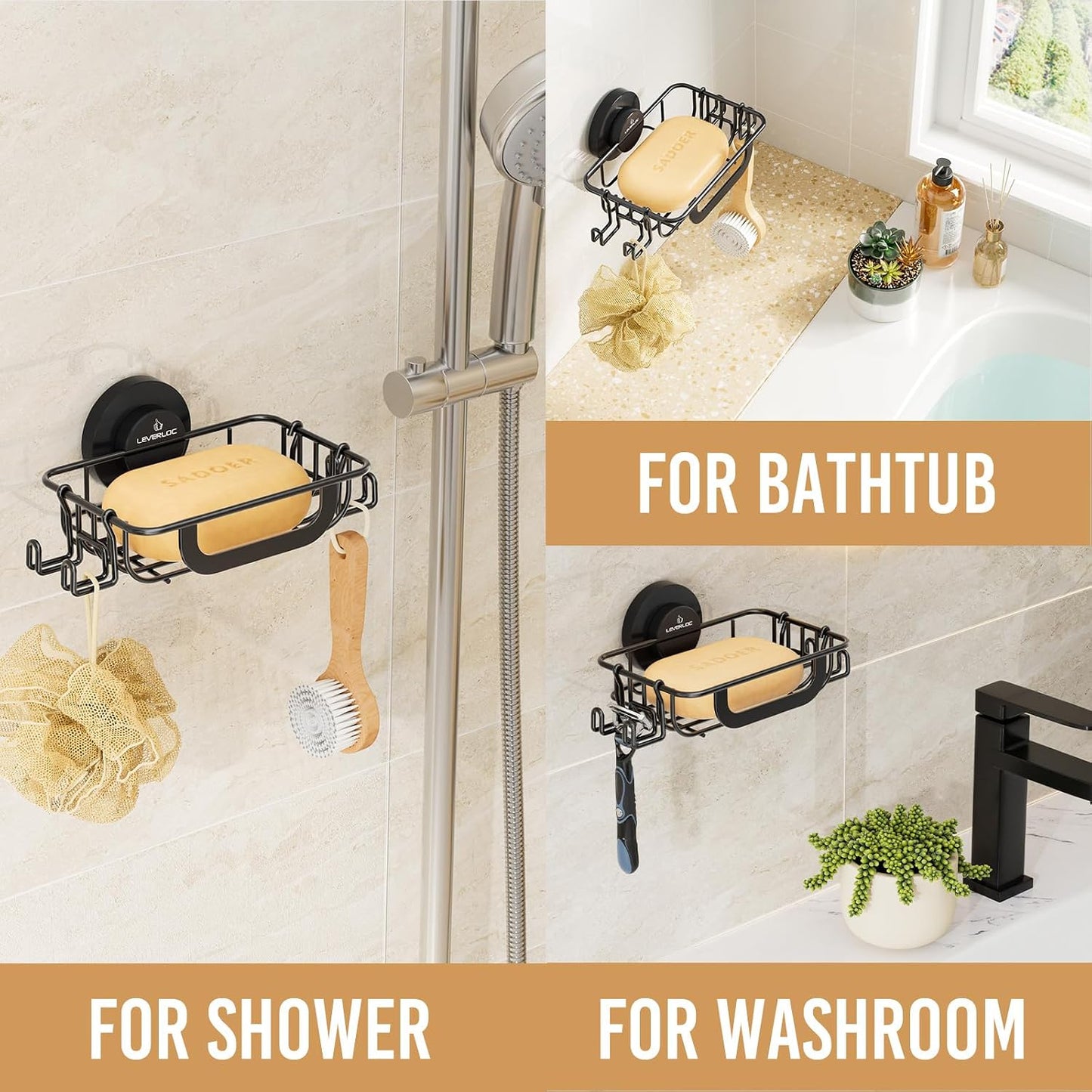LEVERLOC Bar Soap Holder for Shower with Hooks, Suction Cup Soap Dish Rustproof Stainless Steel for Bathroom Accessories, Sponge Saver Black