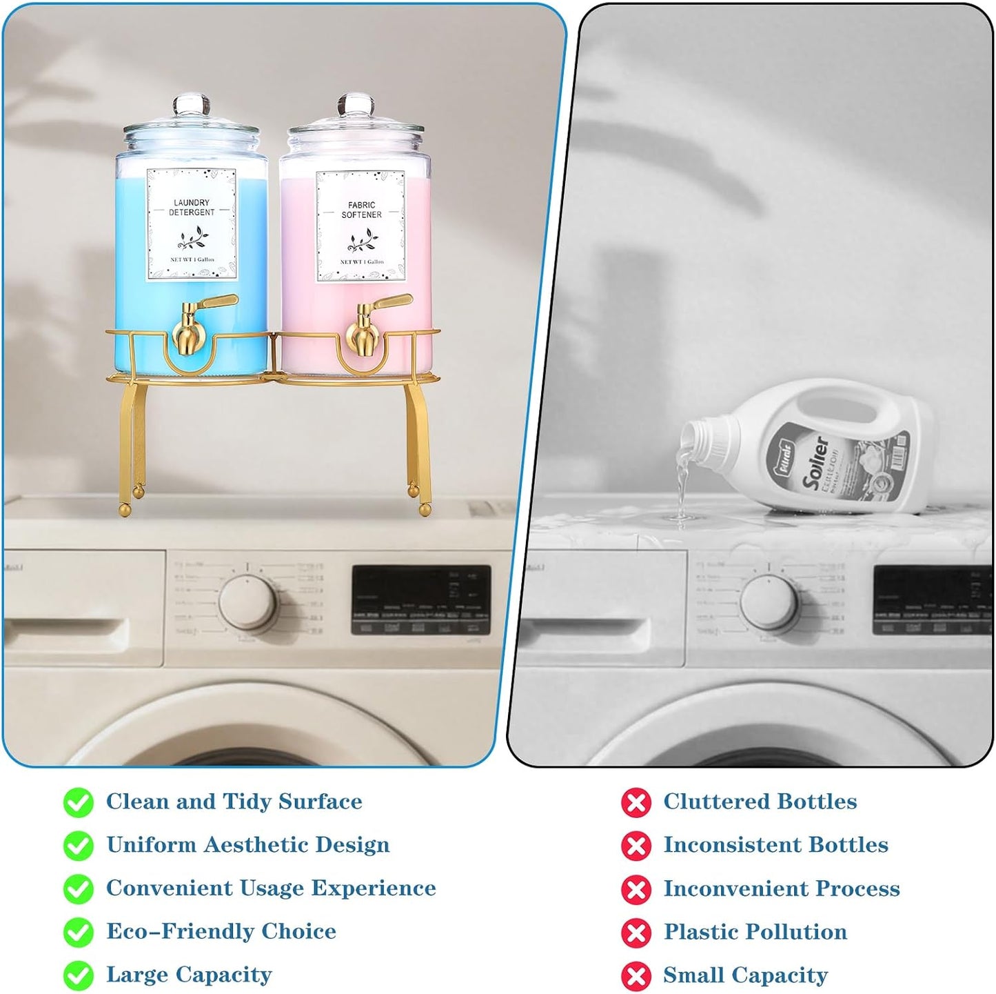 Glass Laundry Detergent Dispenser- 1 Gallon Glass Fabric Softener Dispenser with Leak-Proof Stainless Steel Faucet & Stand. Large Laundry Soap Container for Washer Room Organization &Storage