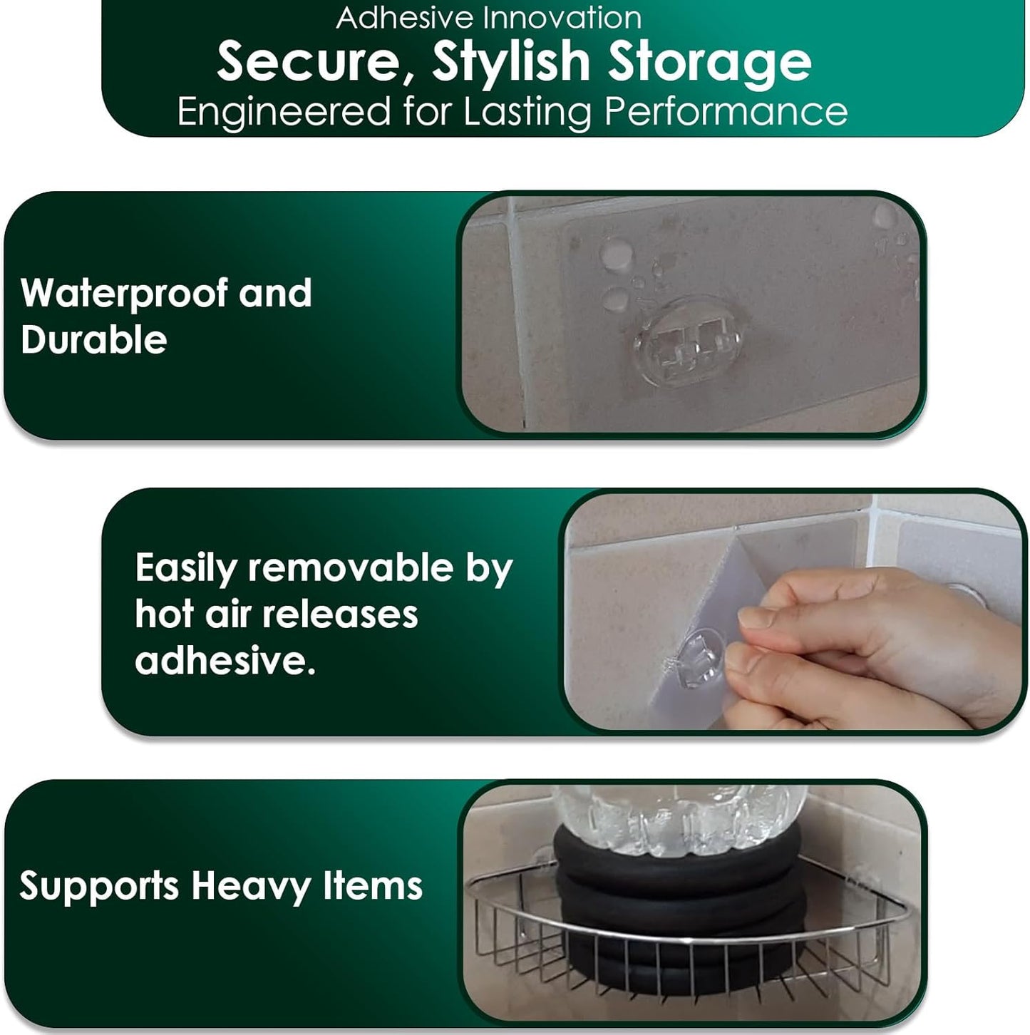 Shower Caddy Adhesive Replacement Sticker, Shower Adhesive Strip Adhesive Hook Bathroom Storage Shelf Organizer Sticker Adhesive Pads Hooks for Kitchen Caddy for Flat Wire, 2 Flat Hooks 6 1/2"