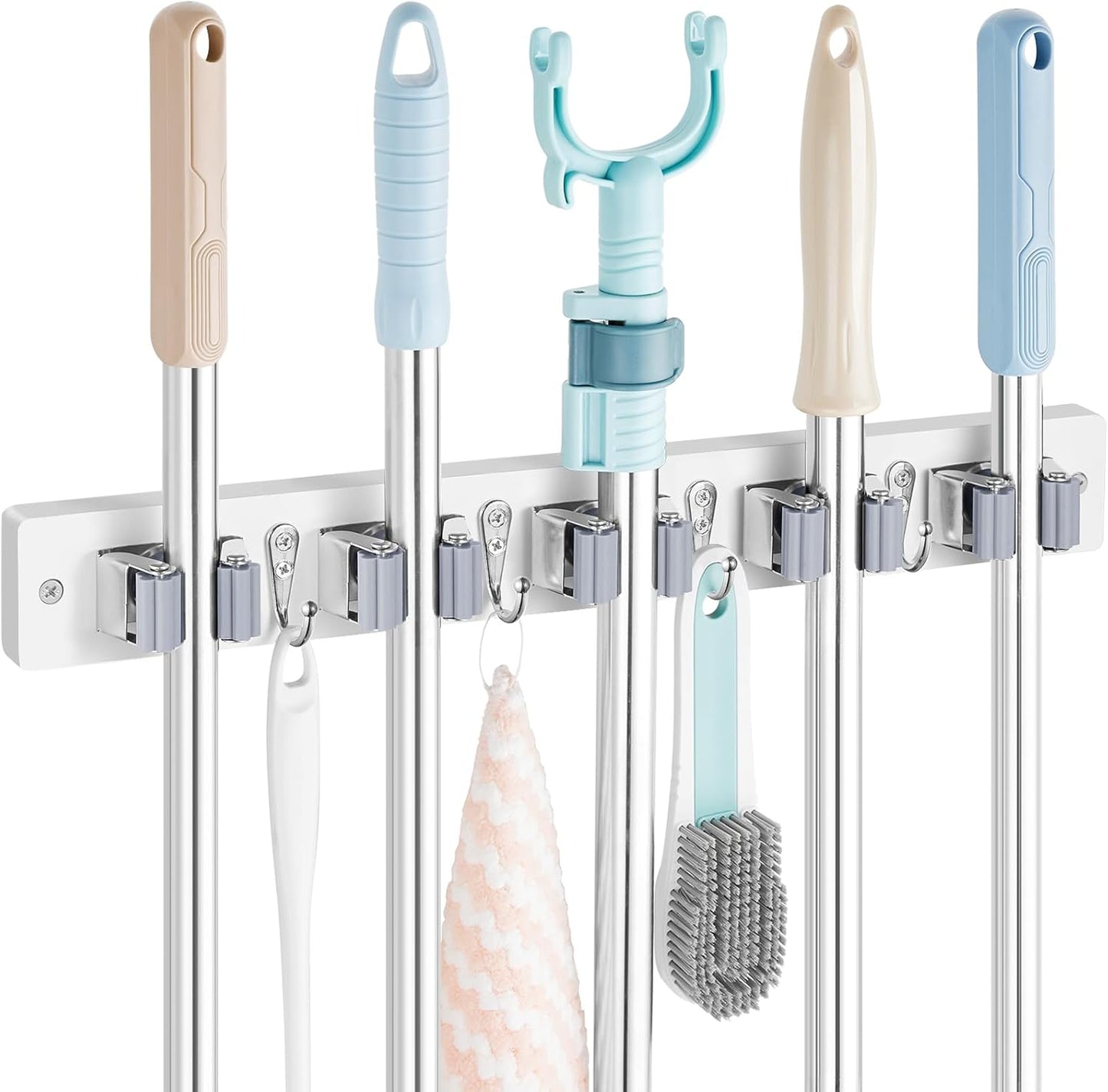 OUTNILI Mop and Broom Holder Wall Mount - Wood Broom Mop Hanger - Wall Mounted Garden Tool Rack Organizer for Closet Garage Laundry Room for Rustic Kitchen Decor With 5 Slots & 4 Hooks