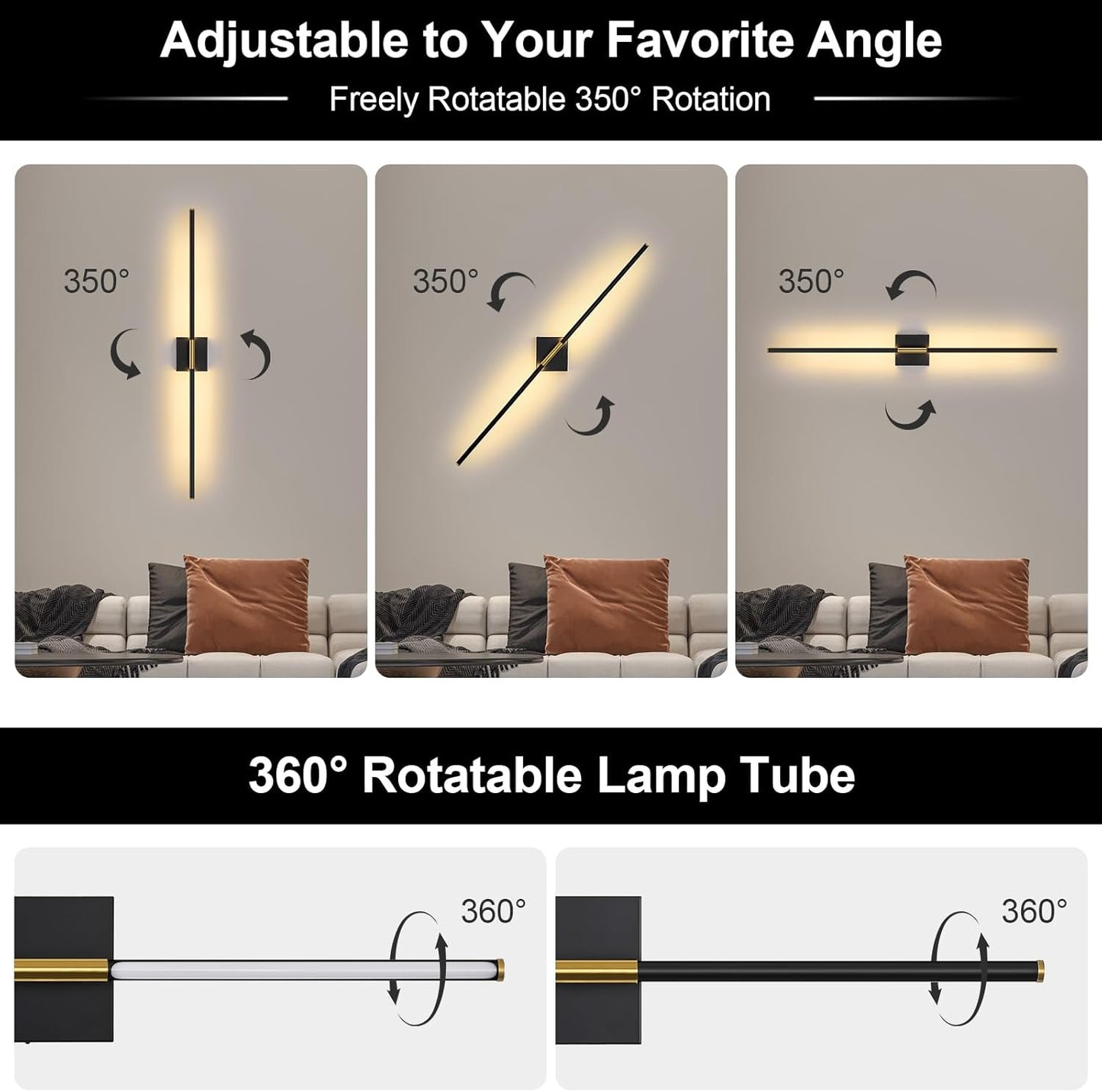Battery Operated Wall Sconce Set of Two with Remote Control, 3000K-6000K Dimmable Black Wall Lights, Timable LED Wireless Wall Sconces, 350° Ratate for Bathroom, Living Room, Hallway 29.1 Inch