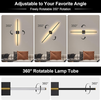 Battery Operated Wall Sconce Set of Two with Remote Control, 3000K-6000K Dimmable Black Wall Lights, Timable LED Wireless Wall Sconces, 350° Ratate for Bathroom, Living Room, Hallway 29.1 Inch
