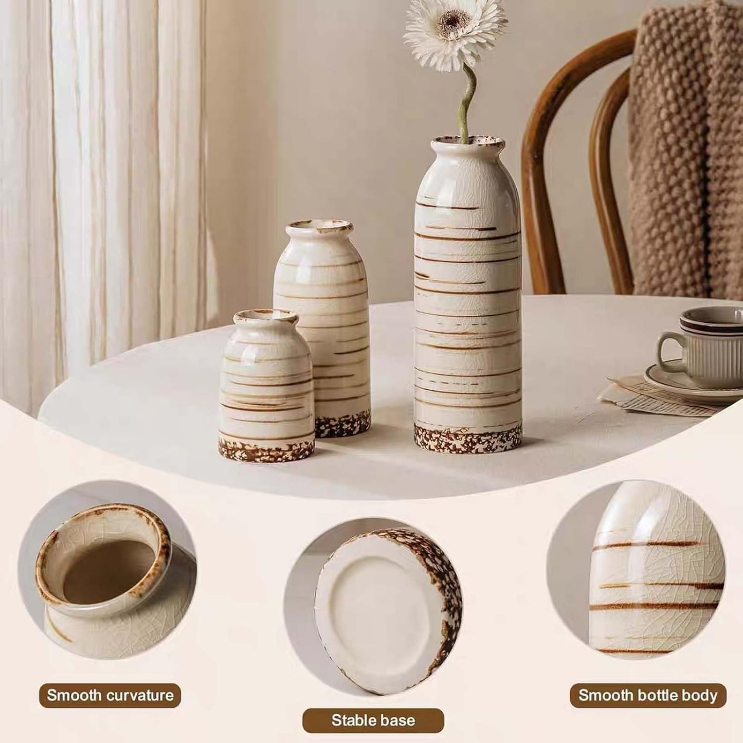 Rustic Ceramic Vase Set of 3 - Beige Rustic Vases for Flowers,Farmhouse Flower Vases for Home Decor,Small Decorative Vase Set for Living Room,Table Shelf,Centerpieces and Fireplace Decorations