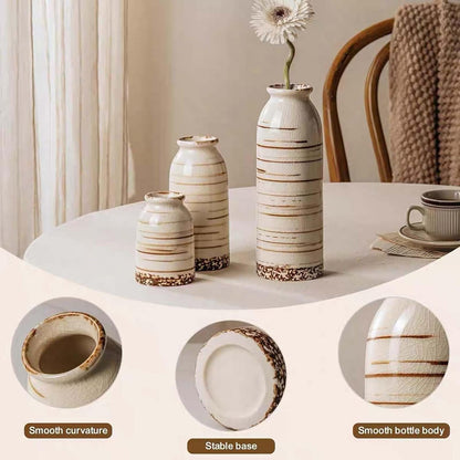 Rustic Ceramic Vase Set of 3 - Beige Rustic Vases for Flowers,Farmhouse Flower Vases for Home Decor,Small Decorative Vase Set for Living Room,Table Shelf,Centerpieces and Fireplace Decorations