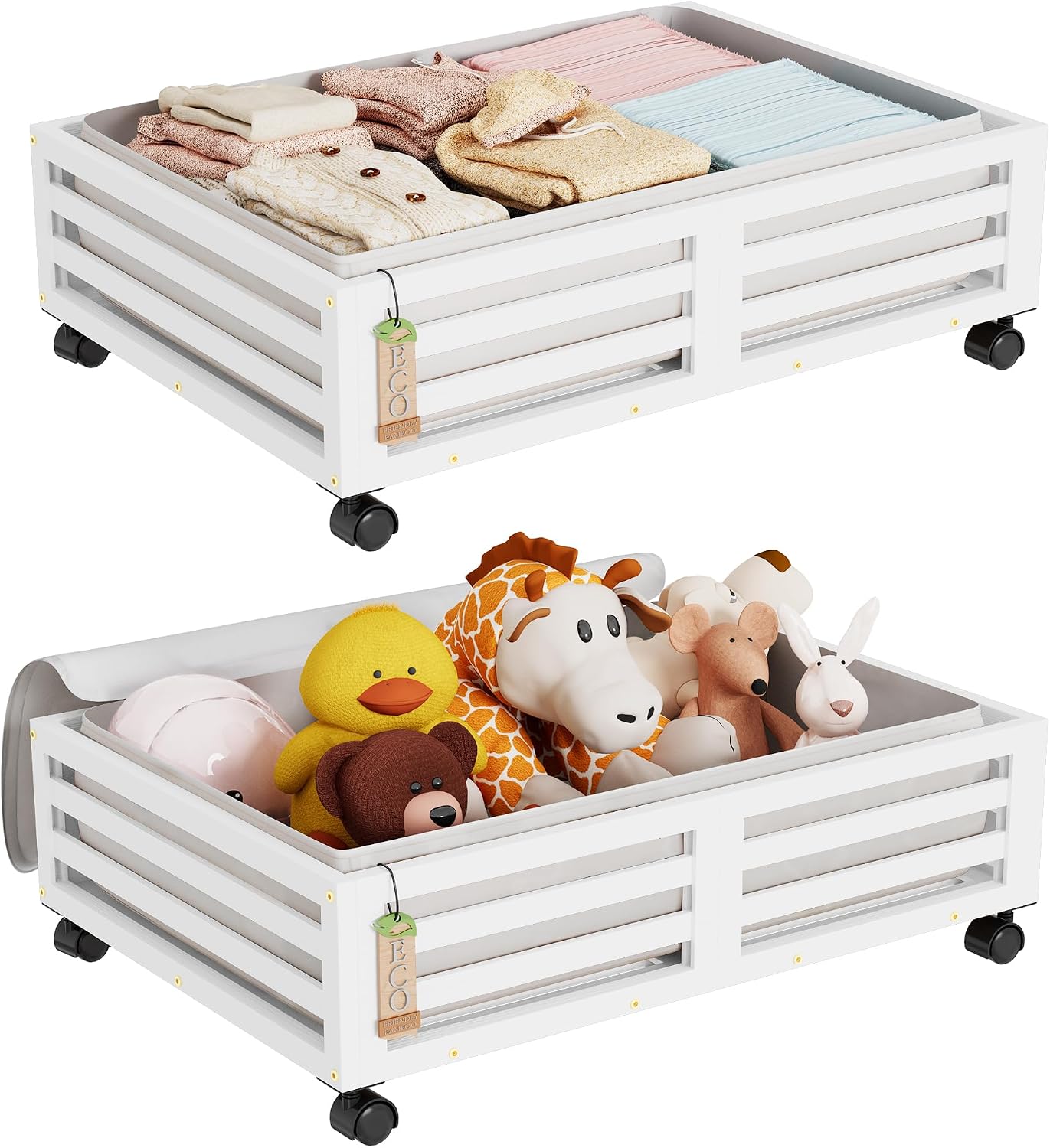 Wisuce 2 Packs Bamboo Under Bed Storage Organizer with Wheels White Small | 360° Lockable Wheels,120lbs Load Capacity, Multi-scene ,Dustproof Clear Storage Bag, Large Capacity,Easy Quick Assembly