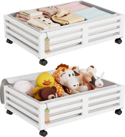 Wisuce 2 Packs Bamboo Under Bed Storage Organizer with Wheels White Small | 360° Lockable Wheels,120lbs Load Capacity, Multi-scene ,Dustproof Clear Storage Bag, Large Capacity,Easy Quick Assembly