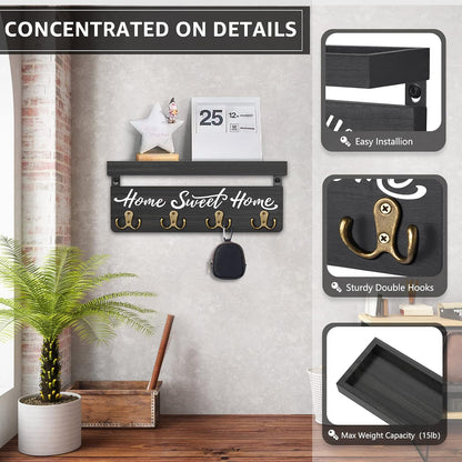 buways Key Holder Wall Mount with 4 Double Hooks-Solid Wood Wall-Mounted Organizer for Keys&Mail Rustic Key Rack Hanger Holder Home Decor for Entryway Living Room (Gray)