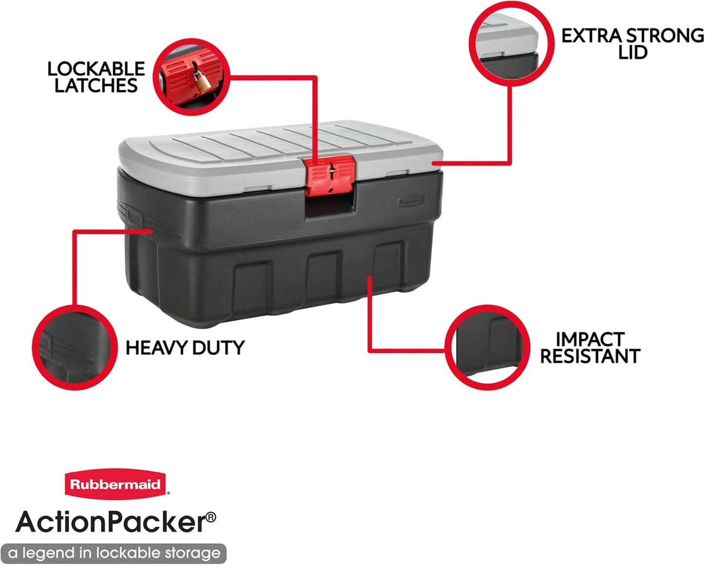 Rubbermaid ActionPacker 35 Gallon, Made in USA, Lockable Plastic Storage Bin with Lid and Wheels- Outdoor, Industrial, Rugged, Camping Gear and Truck Bed Storage - Gray and Black