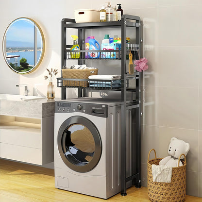 mignonnememe Over Washer and Dryer Shelves 3 Tier Shelving Laundry Room Storage Organization Clothes Drying Rack with 4 Hooks for Laundry Room Toilet (Black)