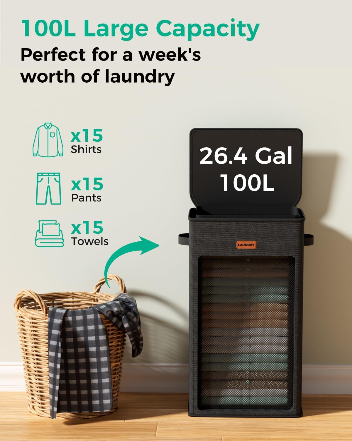 150L 2-Section Laundry Hamper with Lid – Removable Bag, Double Compartment Clothes Hamper for Bathroom, Bedroom, Dorm & Laundry Room