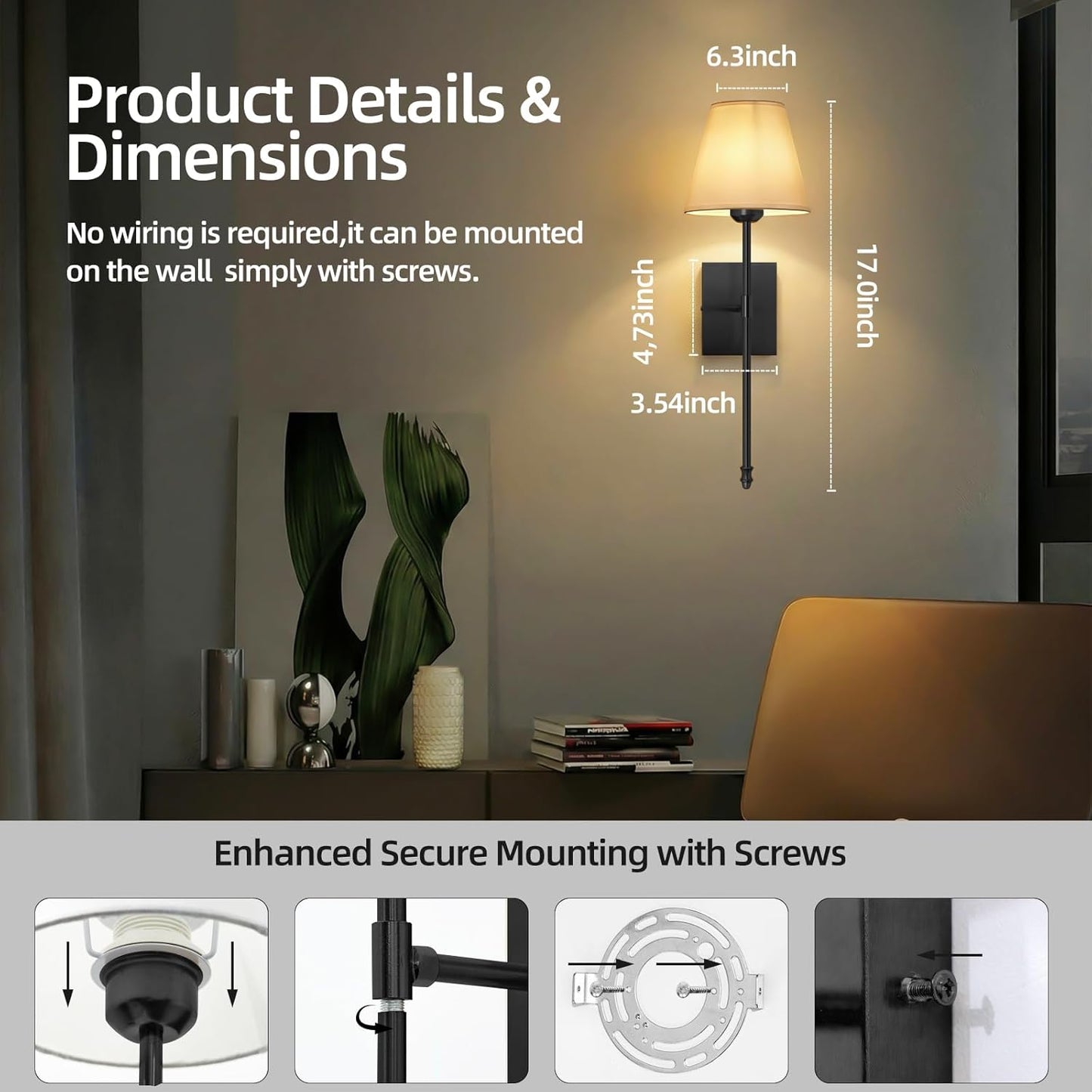 Rechargeable Battery Operated Wall Sconces Set of 2, Black Wireless Fabric Shade Wall Sconce with Remote Control, Dimmable RGB Color Changing Wall Lamp for Bedroom Living Room Hallway, 20.47" Tall
