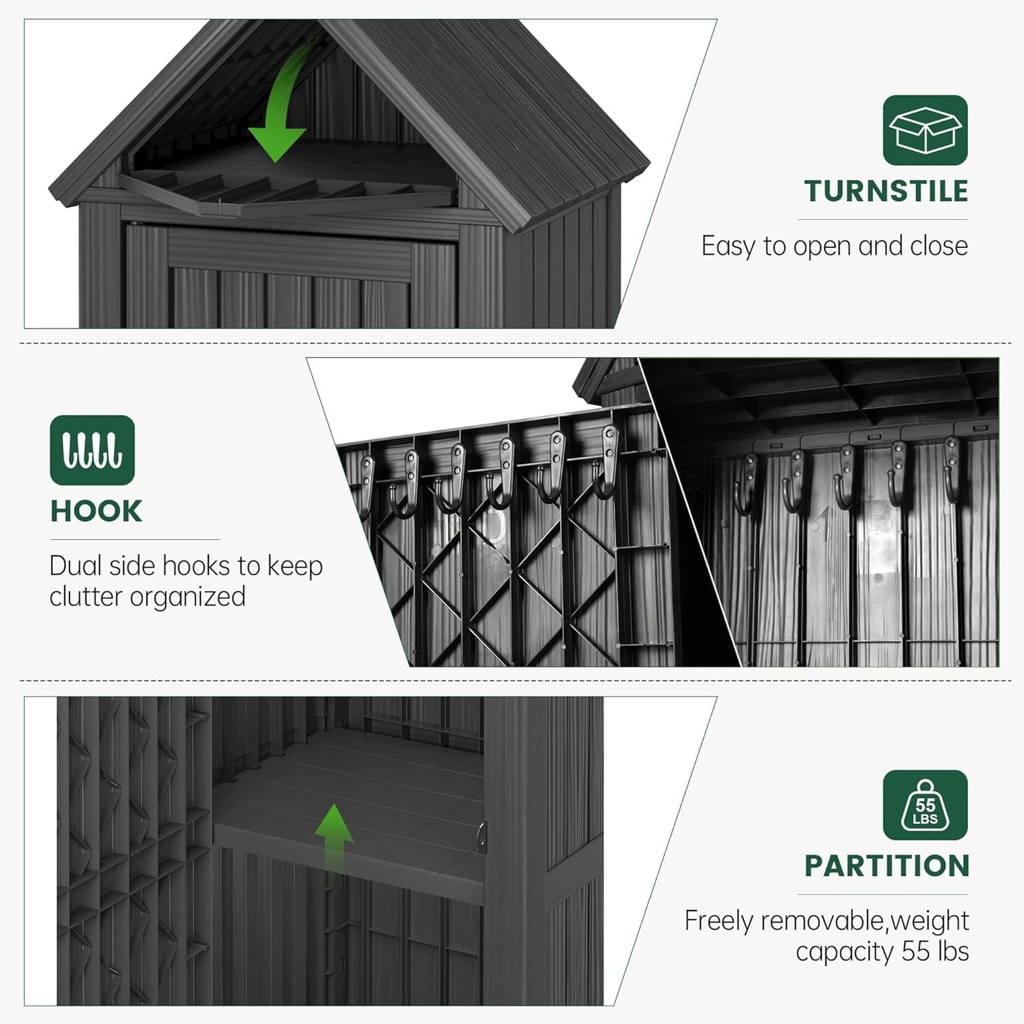 Bifanuo Deck Box Storage Shed Outdoor Storage Cabinet, Vertical Waterproof Resin Material Plastic Shed with Removable Shelves, 12 Hooks and Lock Ring for Garden, Pool and Patio (Classic Black)