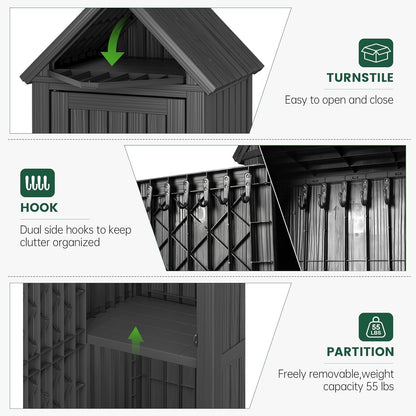 Bifanuo Deck Box Storage Shed Outdoor Storage Cabinet, Vertical Waterproof Resin Material Plastic Shed with Removable Shelves, 12 Hooks and Lock Ring for Garden, Pool and Patio (Classic Black)