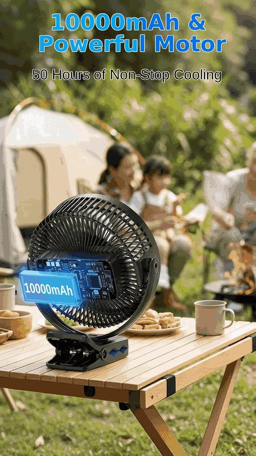 Meudeen 5000mAh Rechargeable Clip on Fan - 6 Inch Portable Fan - with Timer & LED Lantern - Battery Powered Golf Cart Fan - 5 Speeds Quiet Small Desk Fan for Camping - Stroller - Bedroom