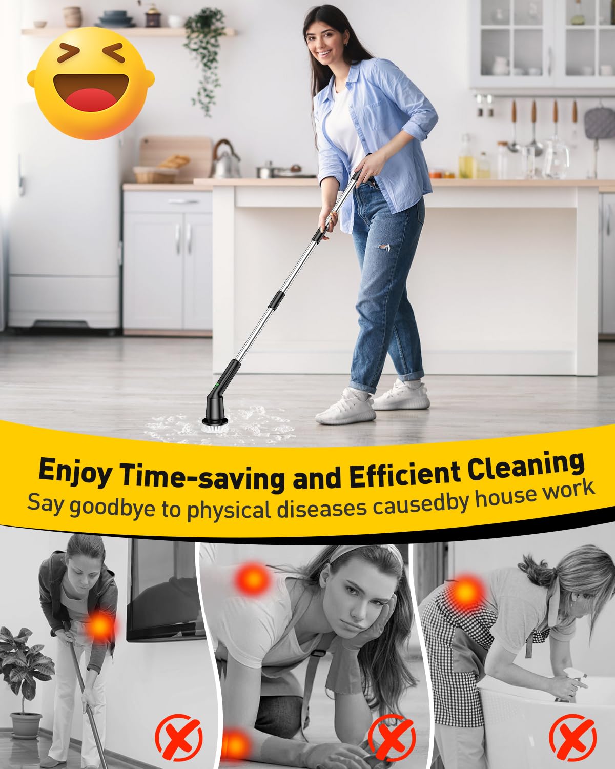 Shower Scrubber with Long Handle, Shower Cleaner Brush with 8 Floor Machine Pads, Cordless Electric Spin Scrubber for Cleaning with 2 Speed, Cleaning Supplies for Bathroom Bathtub Kitchen Floor Tile