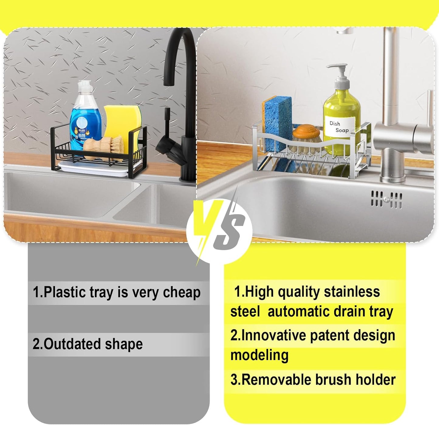 Maifan Stainless Steel Kitchen Sink Caddy Organizer with Auto Drain Tray, Sponge Holder for Countertop Storage