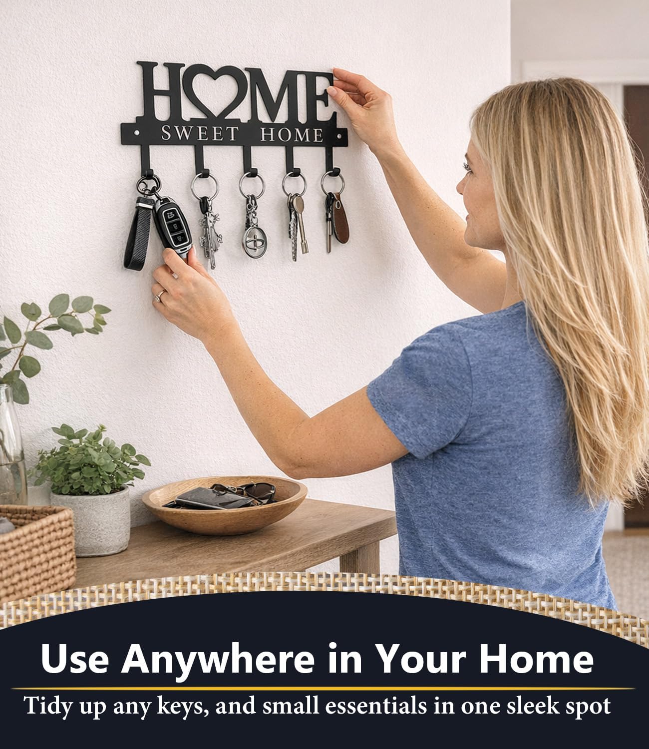Key Holder Hooks Organizer Hanger Rack Wall Mounted Sweet Home Metal Decor Stylish and Practical for Entryway Front Door Kitchen Hallway Garage Mudroom Office Hardware Included Black