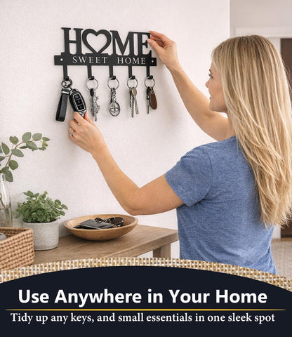 Key Holder Hooks Organizer Hanger Rack Wall Mounted Sweet Home Metal Decor Stylish and Practical for Entryway Front Door Kitchen Hallway Garage Mudroom Office Hardware Included Black